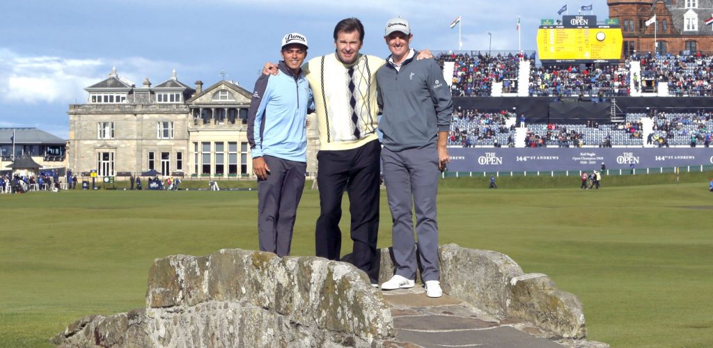 Triple British Open winner Nick Faldo with Ricki Fowler and Justin Rose at the Open Championship 2015