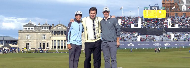 Triple British Open winner Nick Faldo with Ricki Fowler and Justin Rose at the Open Championship 2015