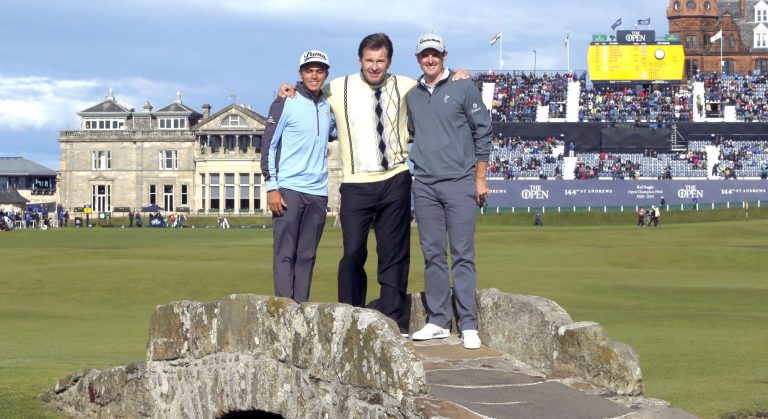 Triple British Open winner Nick Faldo with Ricki Fowler and Justin Rose at the Open Championship 2015