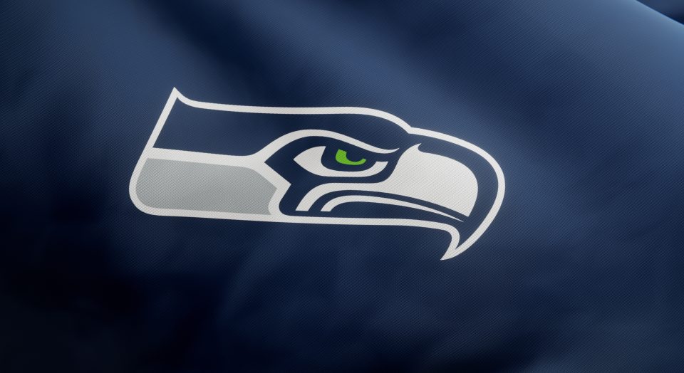 NFL team Seattle Seahawks logo on waving jersey fabric. Editorial 3D rendering