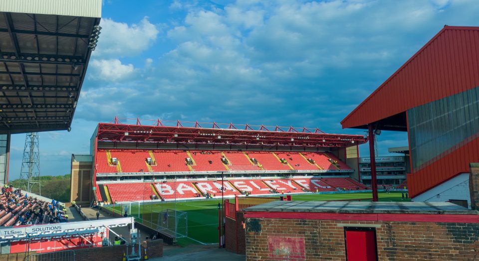 Blue skies over the Oakwell Stadium, home of Barnsley Football Club in Yorkshire, UK