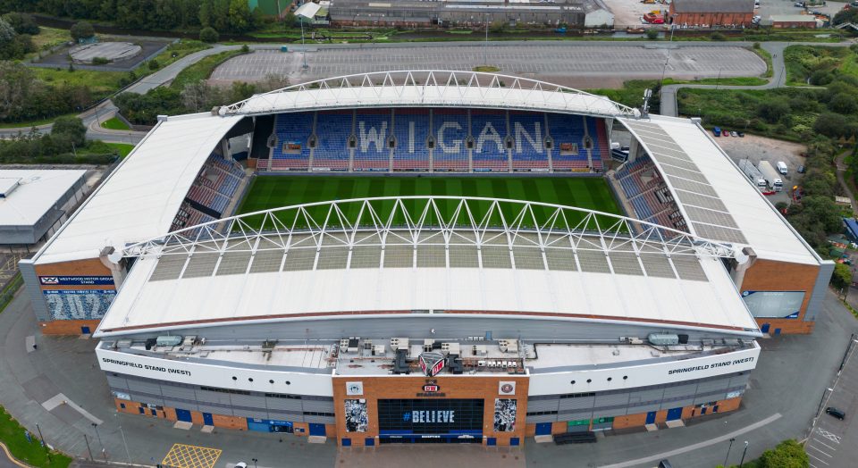 Wigan, Greater Manchester, UK, August 31, 2023; aerial view of the DW Stadium, home to Wigan Athletic football and Wigan Warriors rugby, Wigan, Manchester, England.