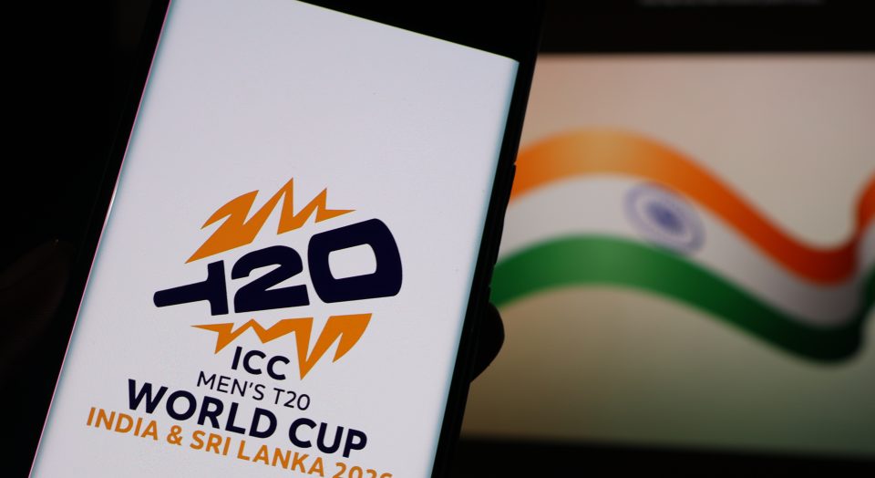 New Delhi, India - January 19 2026: ICC Men's T20 World Cup 2026 on smartphone with India flag background