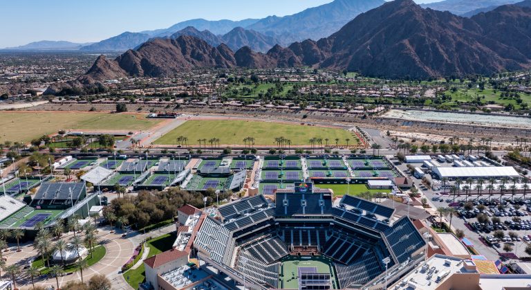 Aerial view of the stadium and hardcourts of the Indian Wells Tennis Garden where the BNP Paribas Open tennis tournament is played annually during March in California.