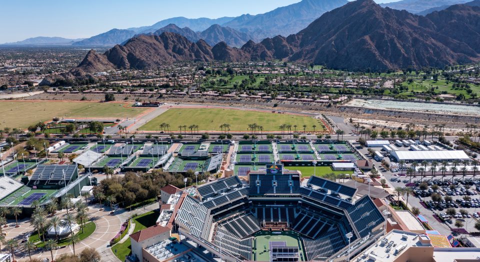Aerial view of the stadium and hardcourts of the Indian Wells Tennis Garden where the BNP Paribas Open tennis tournament is played annually during March in California.