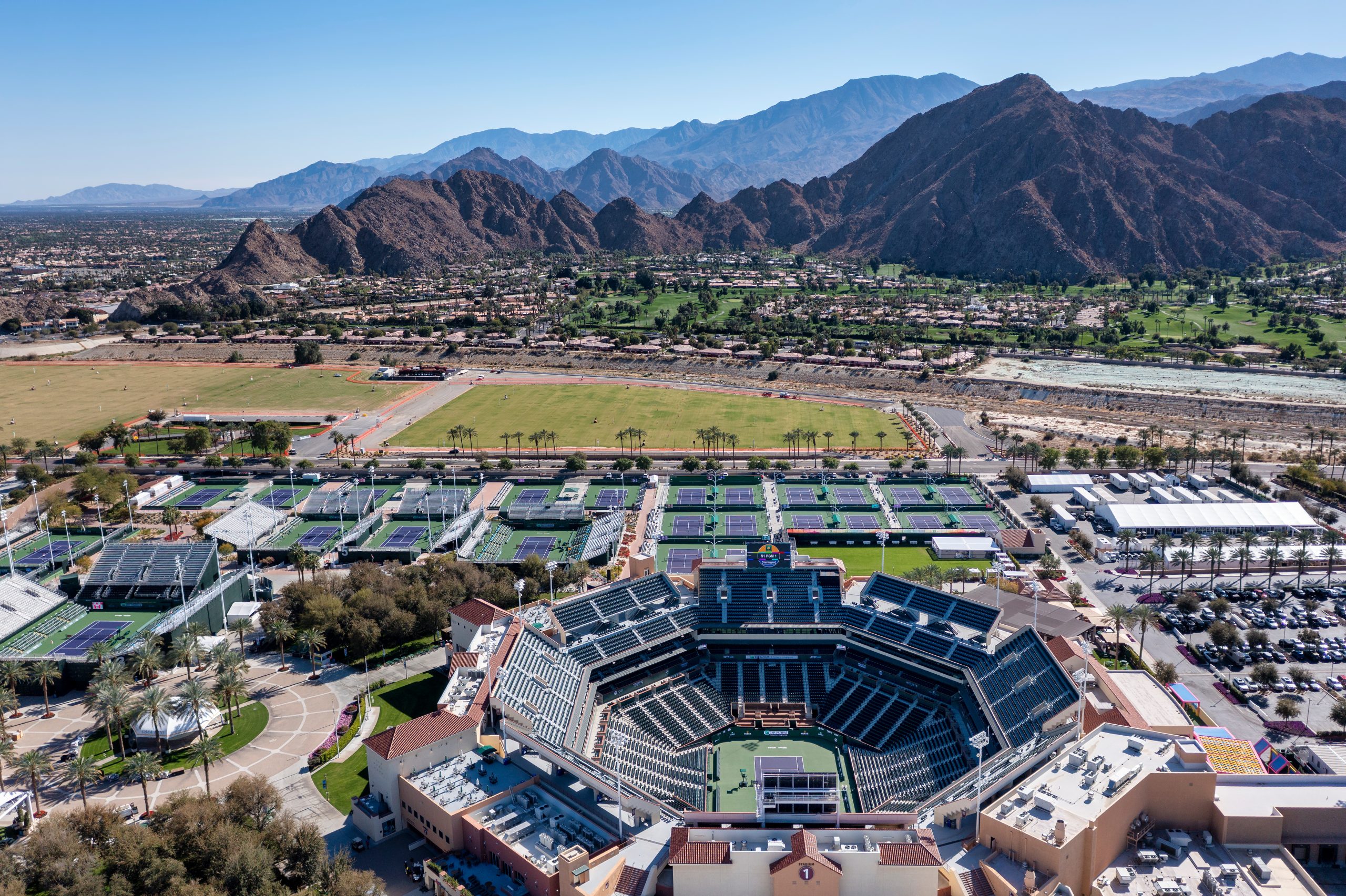 Aerial view of the stadium and hardcourts of the Indian Wells Tennis Garden where the BNP Paribas Open tennis tournament is played annually during March in California.