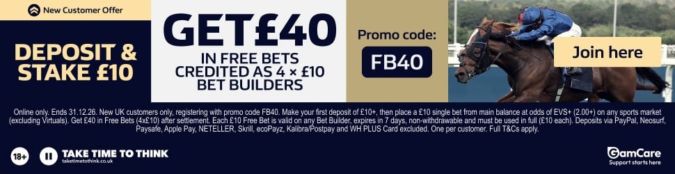 FB40 promo banner - get £40 in free bets credited as 4x£10 Bet Builders