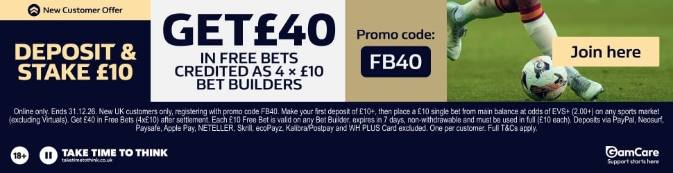 FB40 promo banner - get £40 in free bets credited as 4x£10 Bet Builders