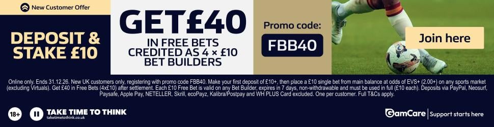 FBB40 promo banner - get £40 in free bets credited as 4x£10 Bet Builders