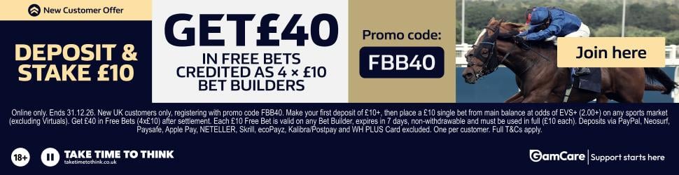 FBB40 promo banner - get £40 in free bets credited as 4x£10 Bet Builders